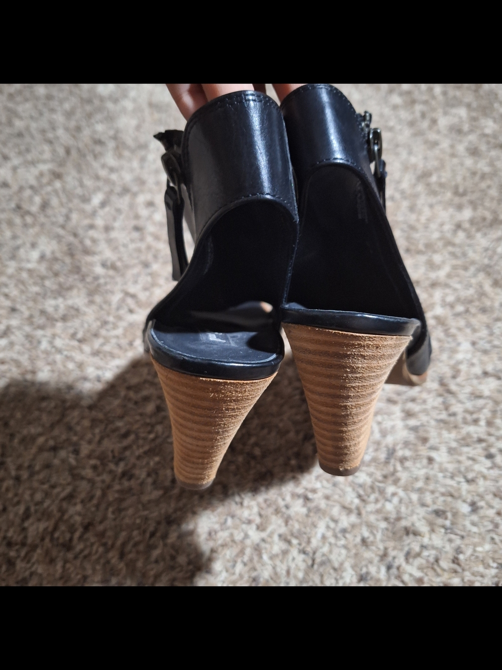 Paul Green Black Leather Peep Toe Slingback Bootie Stacked Wood Heel - Picture 4 of 7